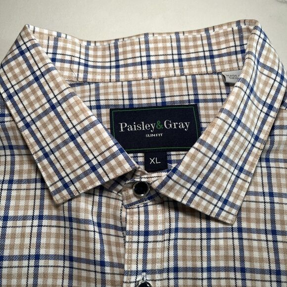 Paisley & Gray Shirt Mens XL Blue Beige Plaid 100% Cotton Slim Fit Button-Up NWT - Picture 2 of 12